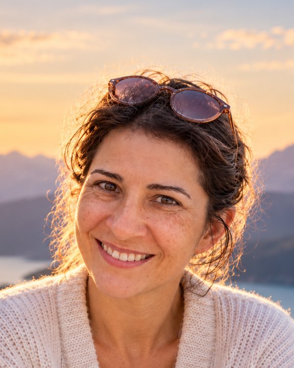 Gabrielle Durisch smiling, with mountains and a lake at sunrise behind her