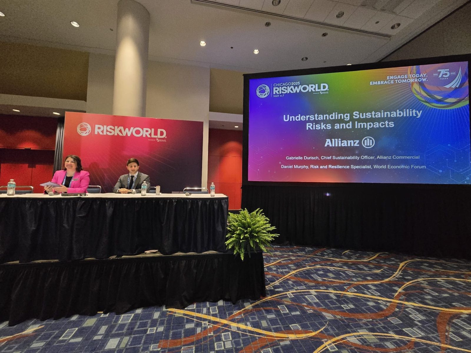 Gabrielle Durisch speaking at RIMS RISKWORLD in Chicago 2025 on understanding sustainability risks and their impacts on businesses