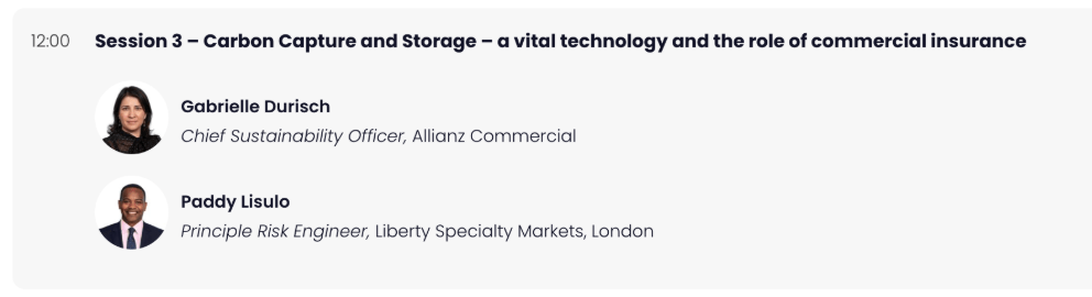 Extract from MEECON 2025 agenda showing Gabrielle Durisch speaking on carbon capture and storage and the importance of commercial insurance