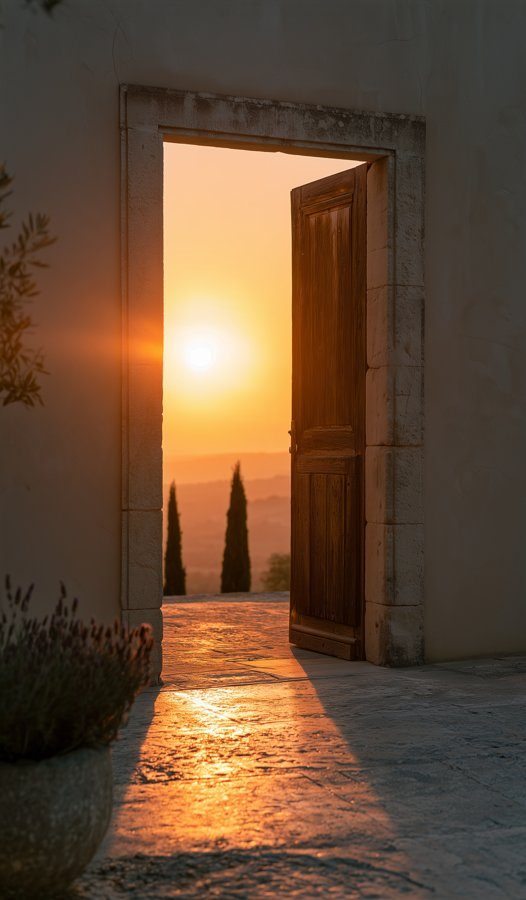 An open door onto a sunset landscape, for Explore