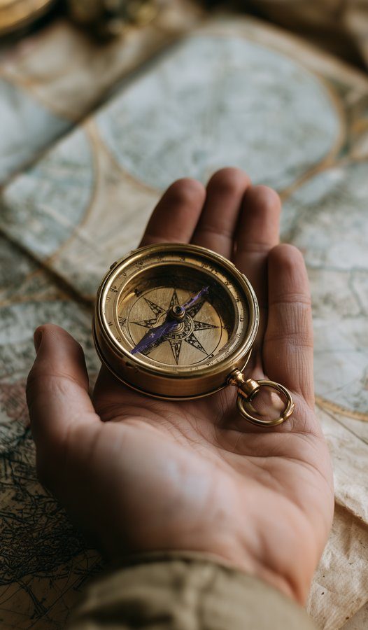 A brass compass held in an open hand over a map, for Map