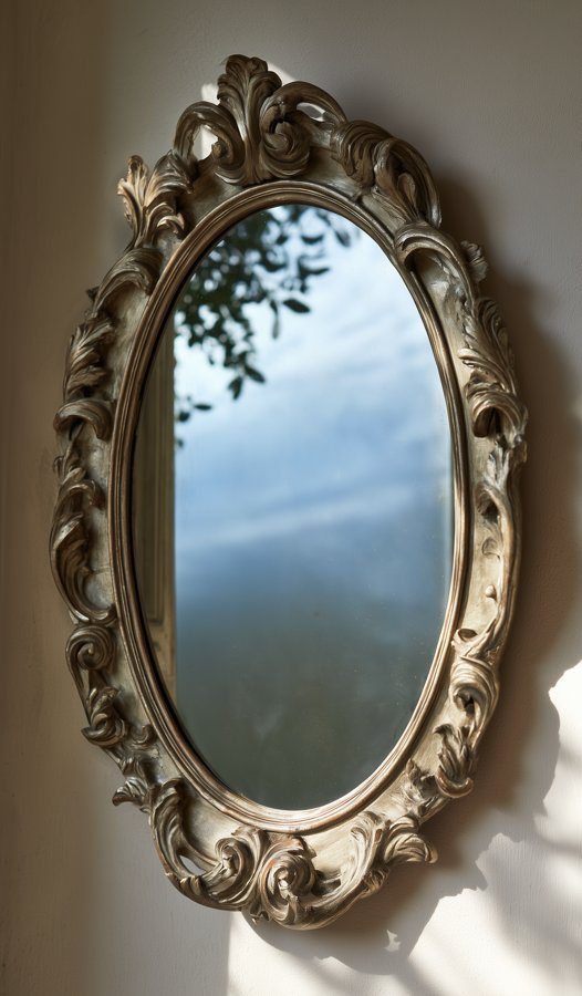 An ornate mirror reflecting the sky, for Observe